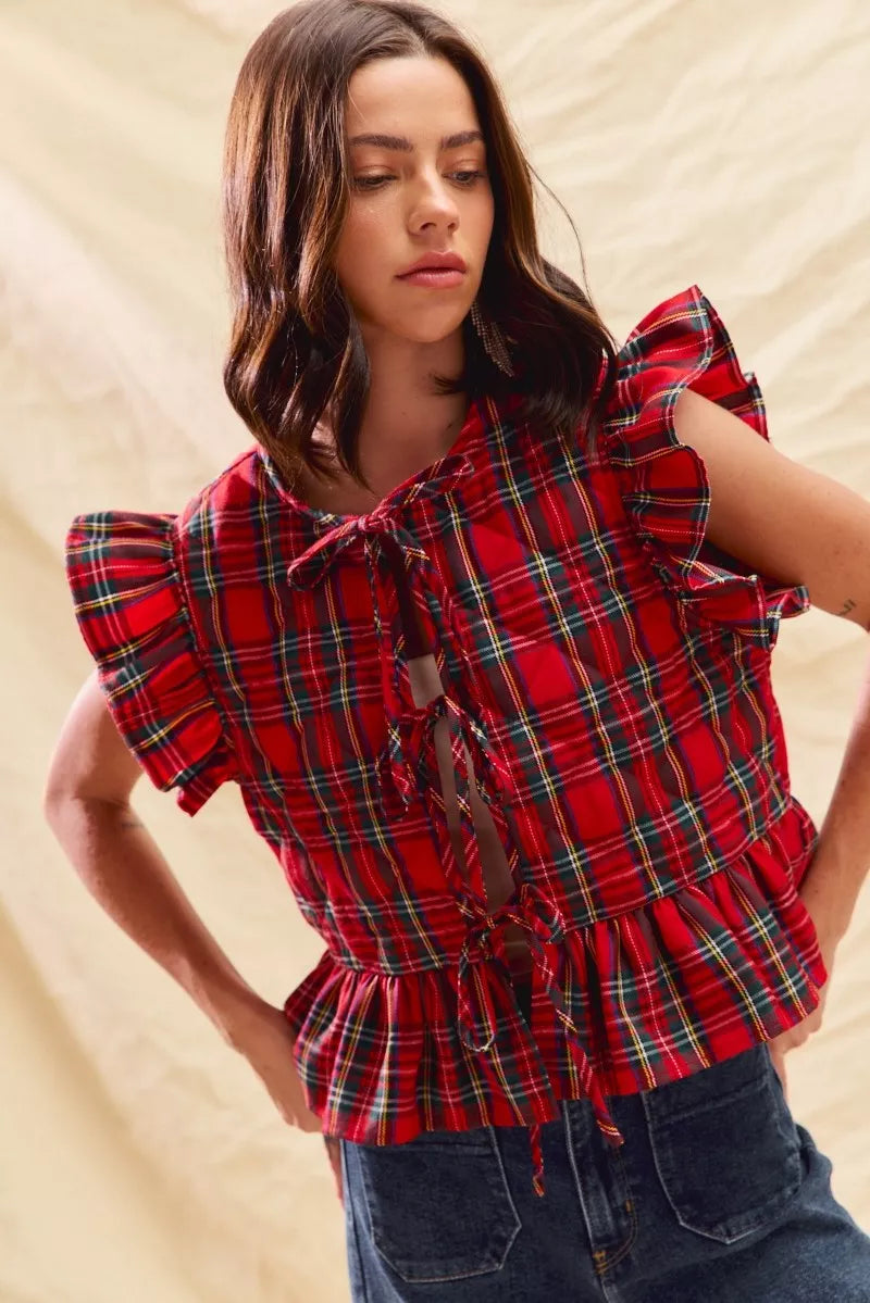 Christmas Holiday Plaid Ruffled Quilt Front Tie Top