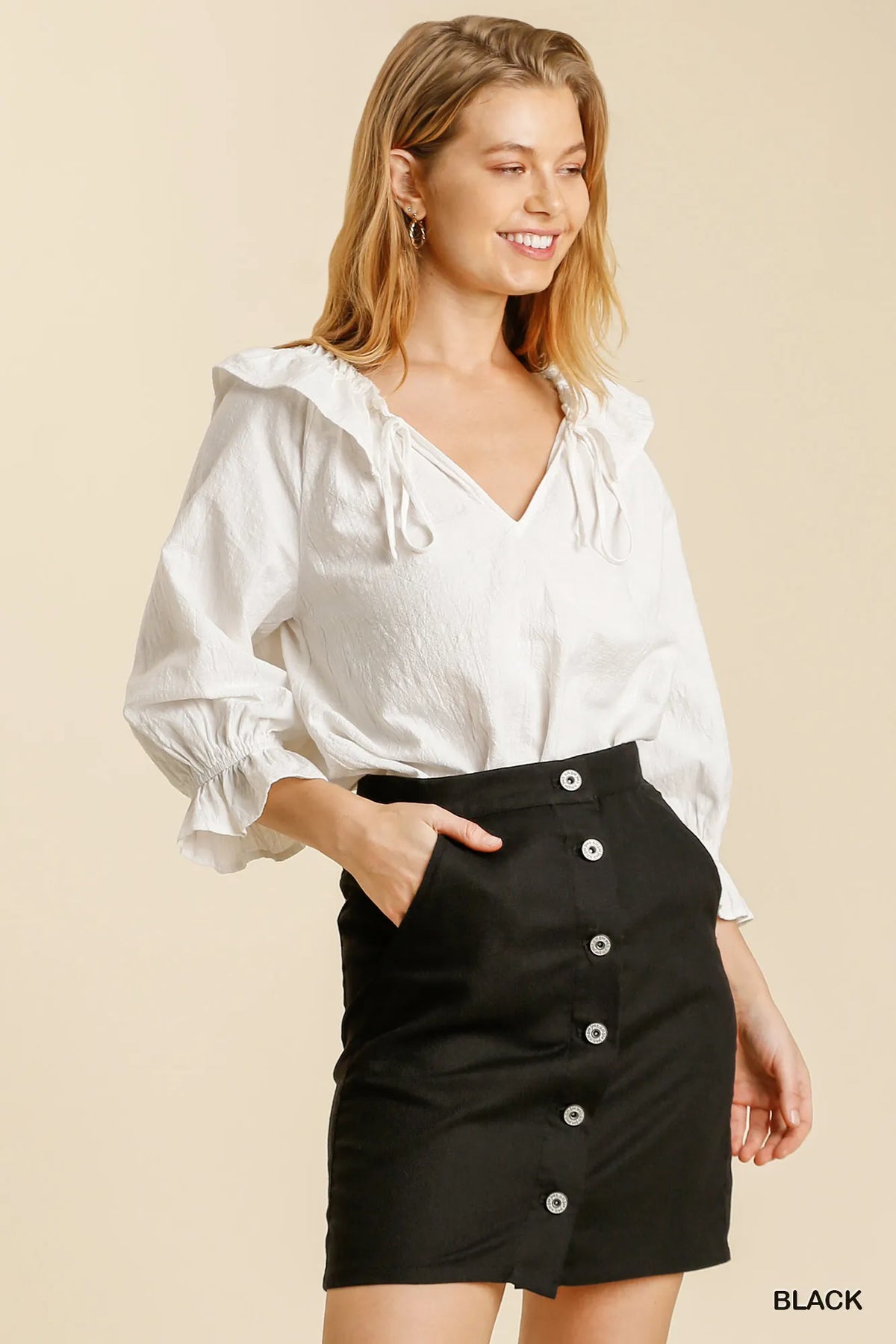 Black Linen Blend Button Down Skirt