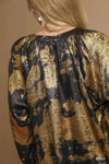 Gold Metallic Blouse with Balloon Sleeves-Gold metallic blouse with balloon sleeves on black base. Oversized, eye-catching fit with a glamorous finish—perfect for parties, date nights, or holidays.-Reef Love Boutique