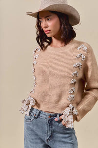 Checkered Plaid Tape Lace Up Sweater, Beige
