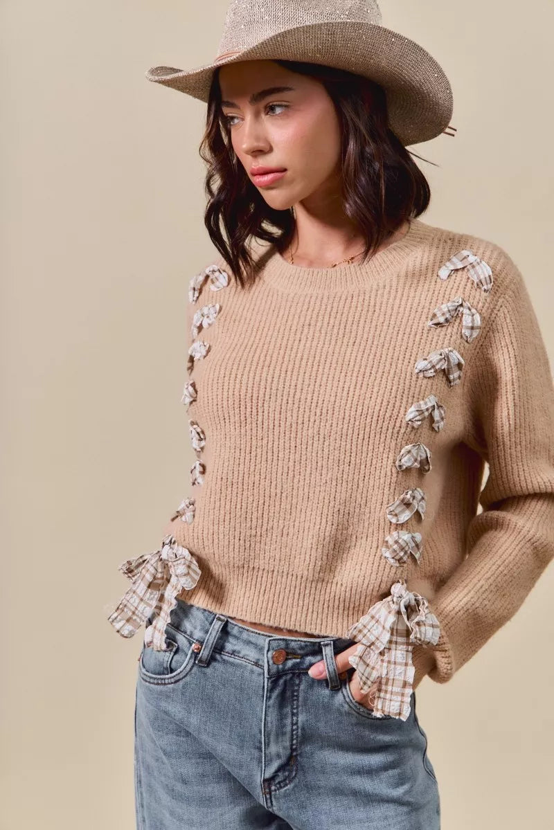 Checkered Plaid Tape Lace Up Sweater, Beige