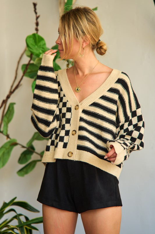 Contrast Checker & Stripes Sweater Cardigan-Jade By Jane-Reef Love