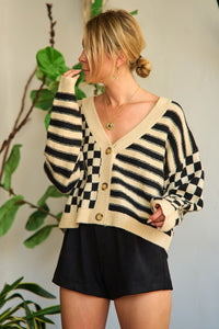 Contrast Checker & Stripes Sweater Cardigan-Jade By Jane-Reef Love