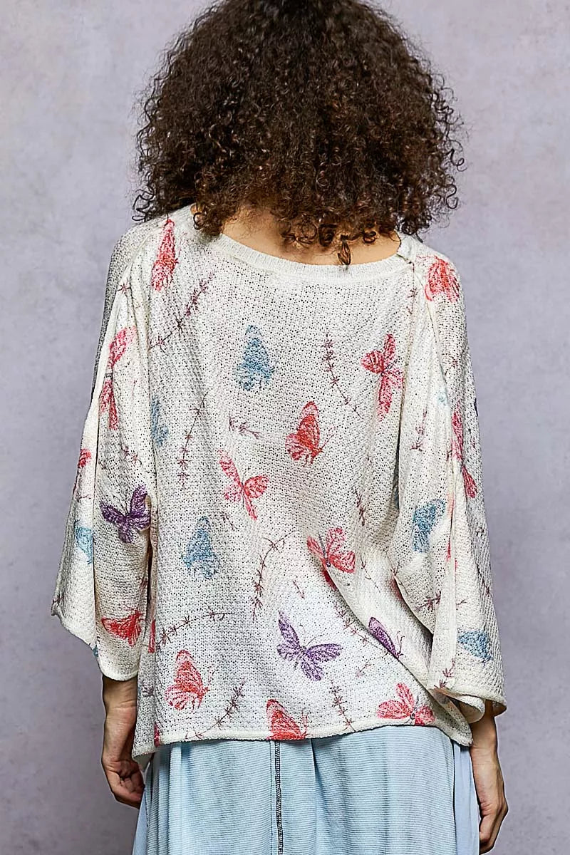 Butterflies Knit Top with Outseam Rolling Edge-POL-Reef Love