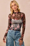 Shop Flower Printed Sheer Mesh Top with Thumb Opening-This stunning sheer mesh blouse features a romantic floral print in soft pink and coral tones against a dark base. Stretchy semi-transparent mesh fabric.-Reef Love Boho-Chic Boutique