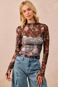 Shop Flower Printed Sheer Mesh Top with Thumb Opening-This stunning sheer mesh blouse features a romantic floral print in soft pink and coral tones against a dark base. Stretchy semi-transparent mesh fabric.-Reef Love Boho-Chic Boutique