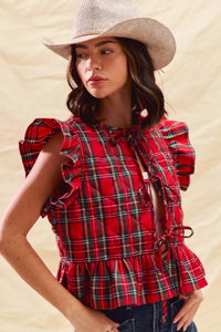 Christmas Holiday Plaid Ruffled Quilt Front Tie Top