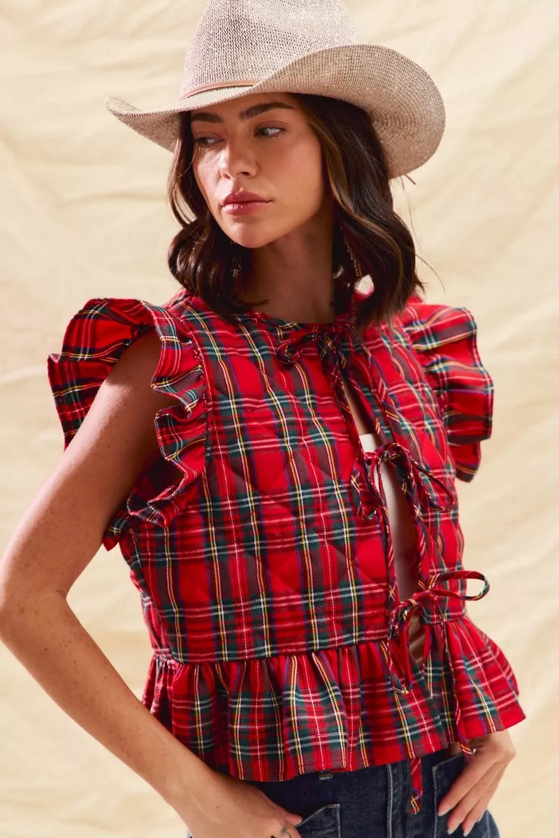 Christmas Holiday Plaid Ruffled Quilt Front Tie Top