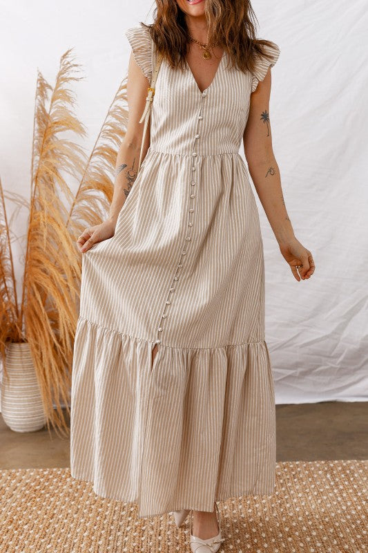 Stripe Flutter Sleeve Buttoned V-Neck Maxi Dress-JUNIPER BLVD-Reef Love