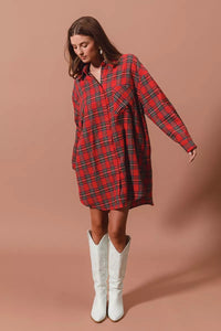Christmas Checker Plaid Button Up Mini Shirt Dress