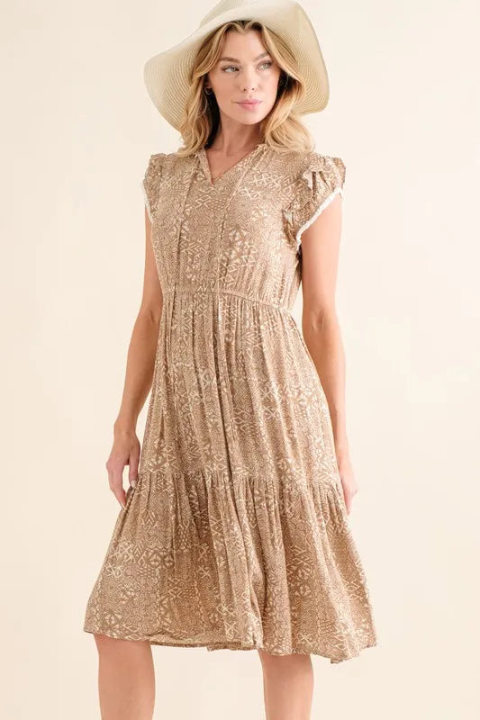 Boho Printed Tiered Midi Dress-Boho tropical tiered dress in neutral beige print. Lightweight and lined, with ruffled tiers and a breezy fit — perfect for summer vacations or beach days.-Reef Love Boho-Chic Boutique