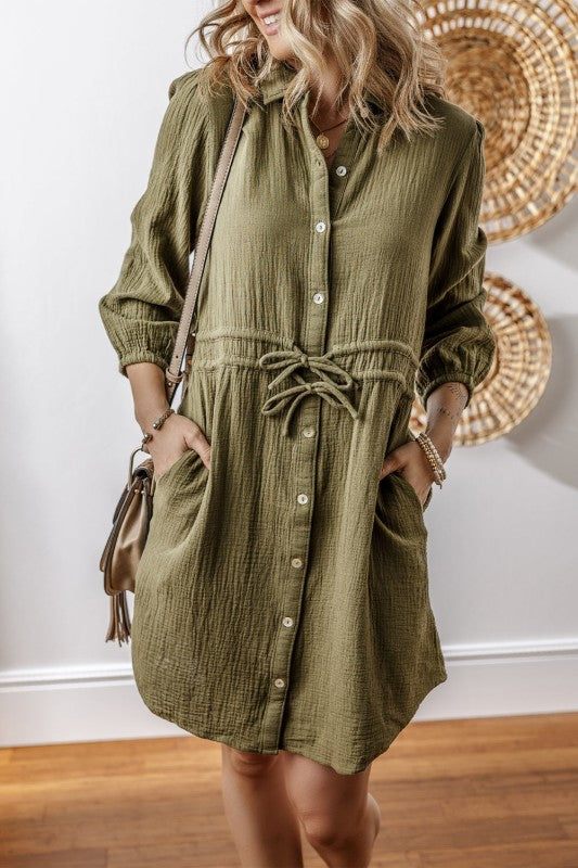 Harmony Textured Cotton Button-Up Shirt Dress