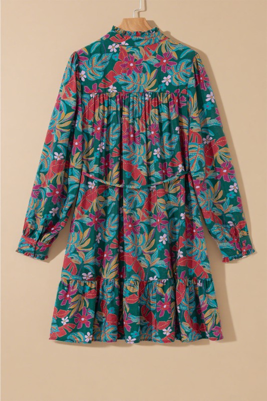 Floral Frilled V-Neck Puff Sleeve Ruffle Shirt Dress-JUNIPER BLVD-Reef Love