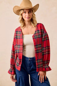 Christmas Plaid V-Neck Flounce Sleeve Jacket