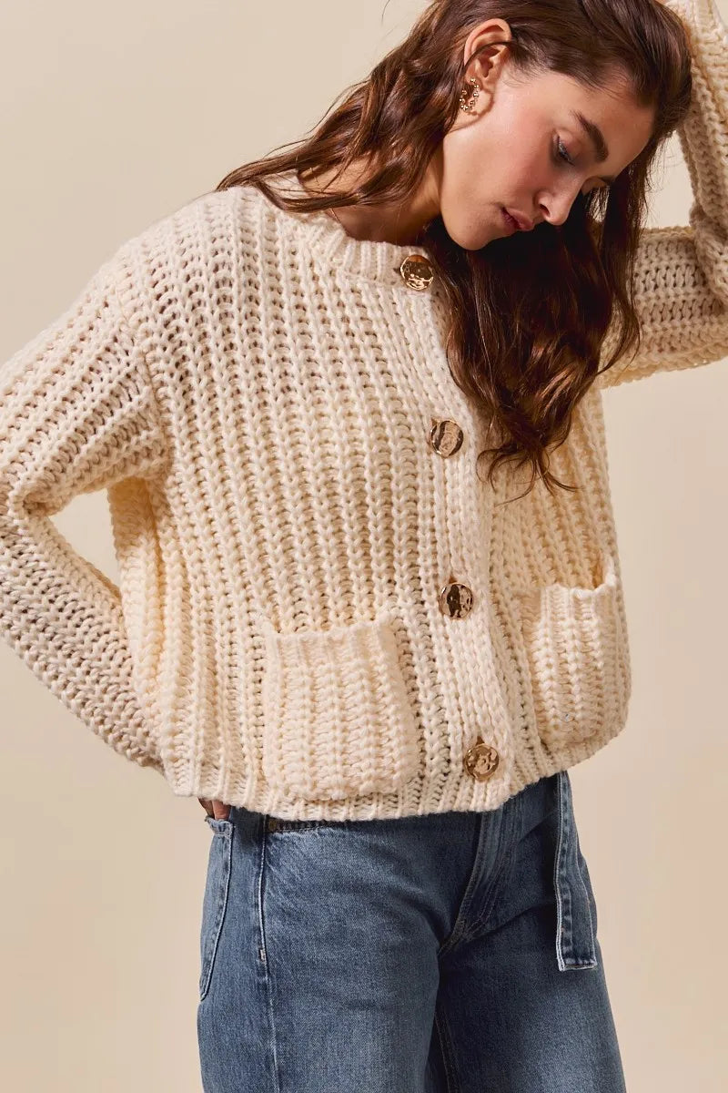 SO ME Metal Button Long Sleeve Chunky Sweater Cardigan-Reef Love Boutique