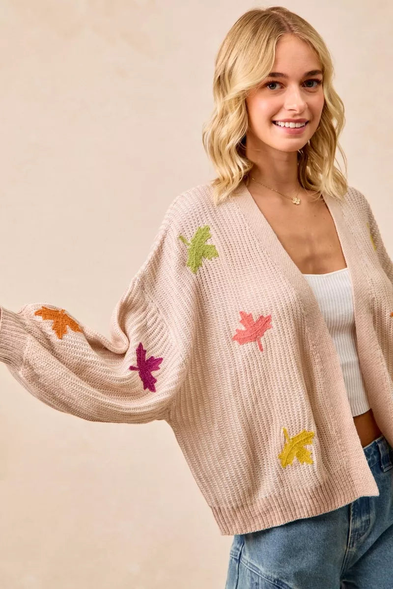 Two Tone Knit Cardigan with Leaf Patches-BiBi-Reef Love