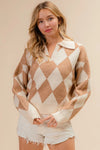 Shop Diamond Pattern Collared Notch Neck Sweater-Chic and cozy, the Diamond Pattern Collared Notch Neck Sweater, classic argyle design, soft knit fabric, timeless polo collar. Effortless everyday elegance.-Reef Love Boho-Chic Boutique