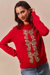 Sequins Bow Embellished Christmas Sweater, Red