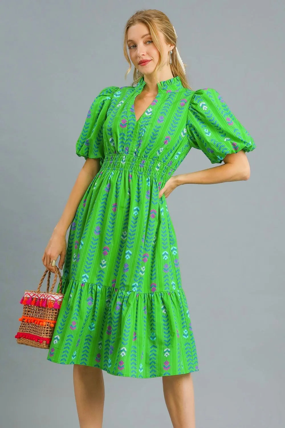 Geo Floral Printed Midi Dress with Ruffled Hem-Midi Dress-Reef Love