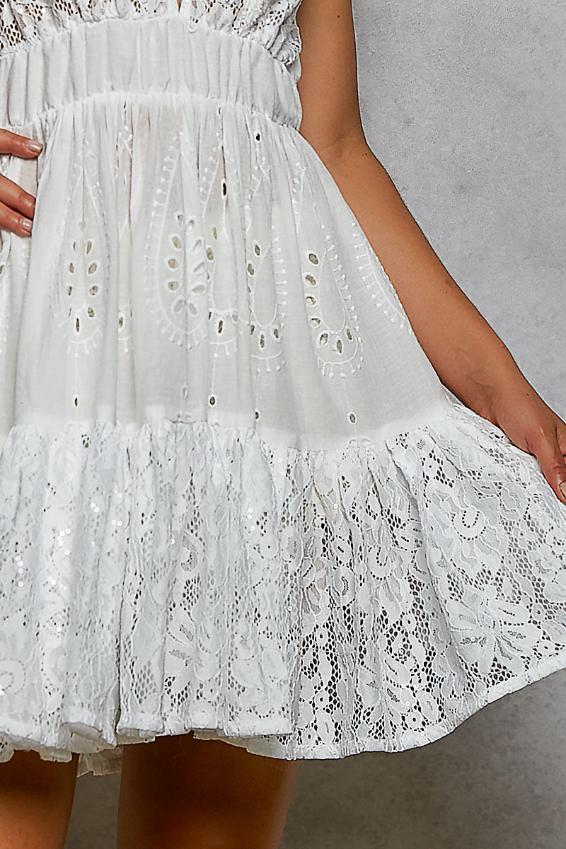 POL Halter Lace Patch Ruffle Mini Dress with Adjustable Tie on Back Ivory / L