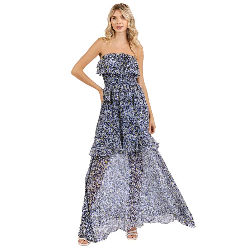 Cove Blue Ruffled Smocked Floral Halter Neck Maxi Dress-The Cove Ruffled Smocked Floral Halter Neck Maxi Dress - Romantic, breezy, and effortlessly elegant. Featuring a halter neckline adorned with soft ruffles.-Reef Love Boho-Chic Boutique