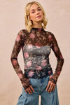 Shop Flower Printed Sheer Mesh Top with Thumb Opening-This stunning sheer mesh blouse features a romantic floral print in soft pink and coral tones against a dark base. Stretchy semi-transparent mesh fabric.-Reef Love Boho-Chic Boutique