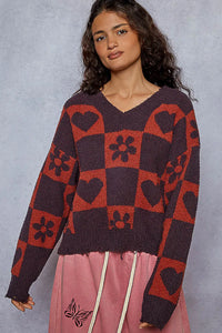 V-Neck Heart Pattern Checkered Oversized Sweater