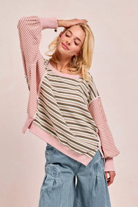Stripe Mixed Top With Cut Edge And Reverse Outseam