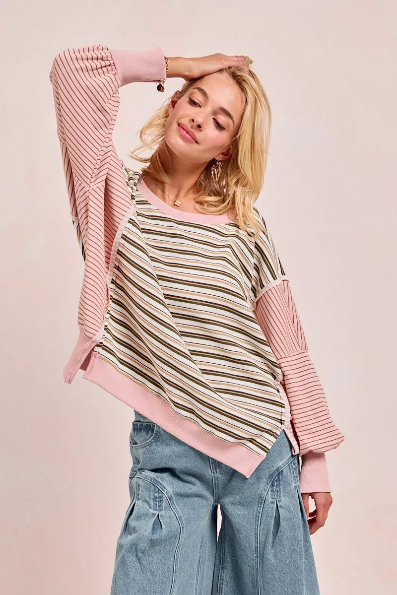 Stripe Mixed Top With Cut Edge And Reverse Outseam