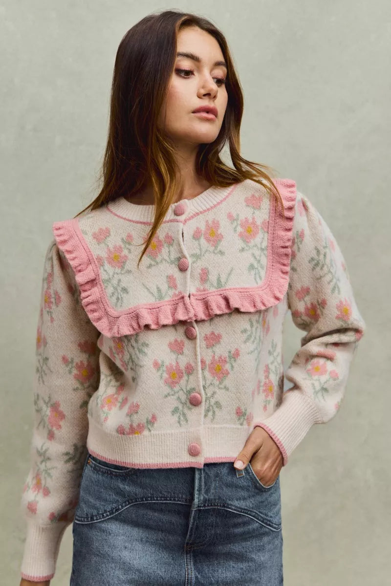 Flower With Ruffle Detailing Sweater Cardigan-So Me-Reef Love