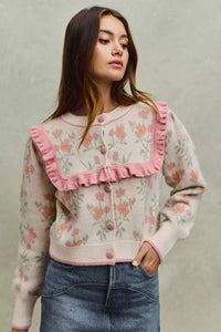 Flower With Ruffle Detailing Sweater Cardigan-So Me-Reef Love