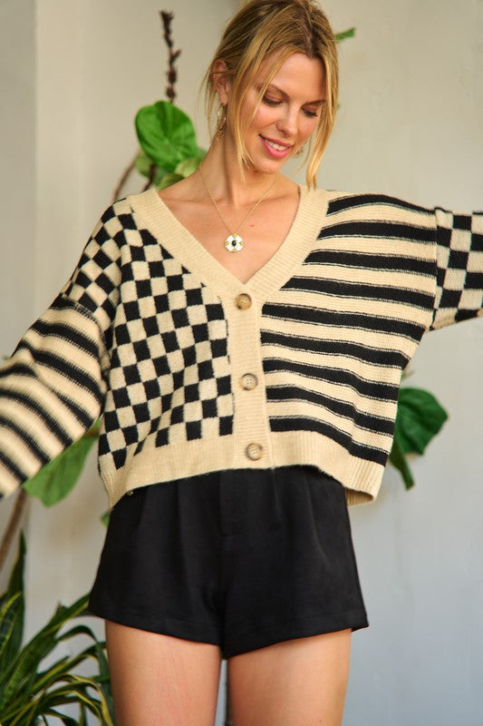 Contrast Checker & Stripes Sweater Cardigan-Jade By Jane-Reef Love