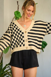 Contrast Checker & Stripes Sweater Cardigan-Jade By Jane-Reef Love