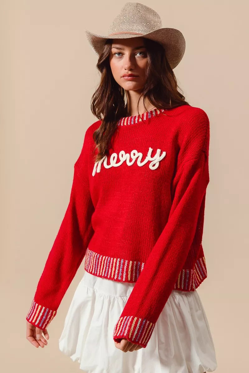 Merry Embroidered Christmas Sweater-Reef Love