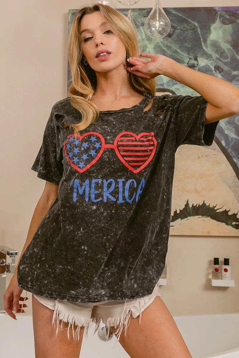BiBi 4th Of July Theme Mineral Washed Laser Cut Top-T-Shirt-Reef Love