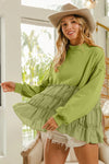 French Terry and Woven Mixed Tiered Tunic-Stay cozy and chic in our light olive French terry and woven mixed tiered tunic. With a flowy and soft texture, for everyday layering and effortless style.-Reef Love Boutique