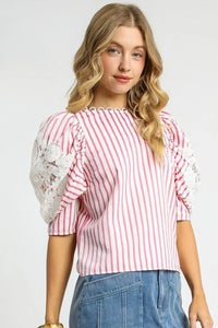 Shop Pink + White Striped Lace Puff Sleeve Blouse-Add a coastal twist to your wardrobe with this pink and white striped puff sleeve blouse. Features a cropped fit, oversized bow detail, breathable 100% cotton.-available at Reef Love online boho-chic boutique