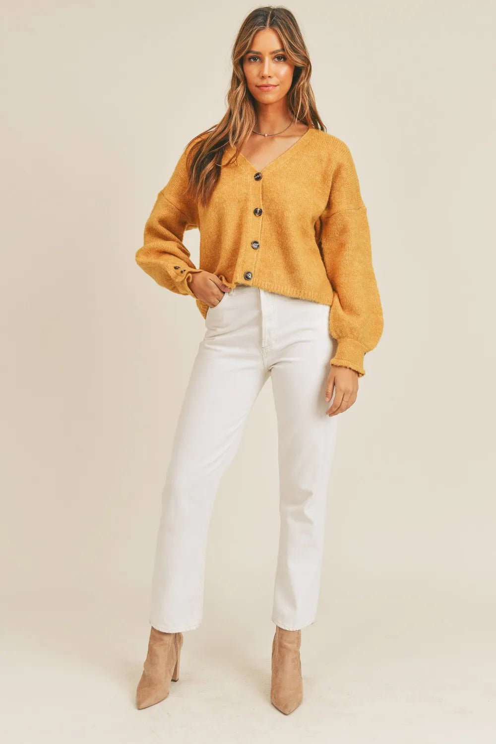 MABLE Long Sleeve Button Down Sweater Cardigan, Mustard-Mable-Reef Love