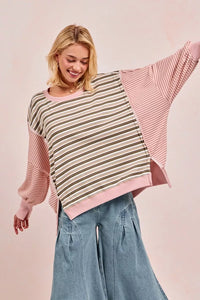 Stripe Mixed Top With Cut Edge And Reverse Outseam