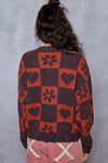 V-Neck Heart Pattern Checkered Oversized Sweater
