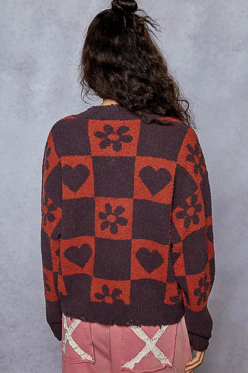 V-Neck Heart Pattern Checkered Oversized Sweater