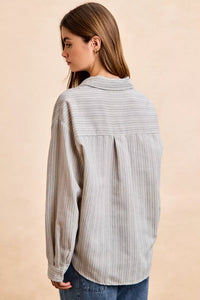 Flower Jacquard Knit Patch Pocket Stripe Shirt-BiBi-Reef Love