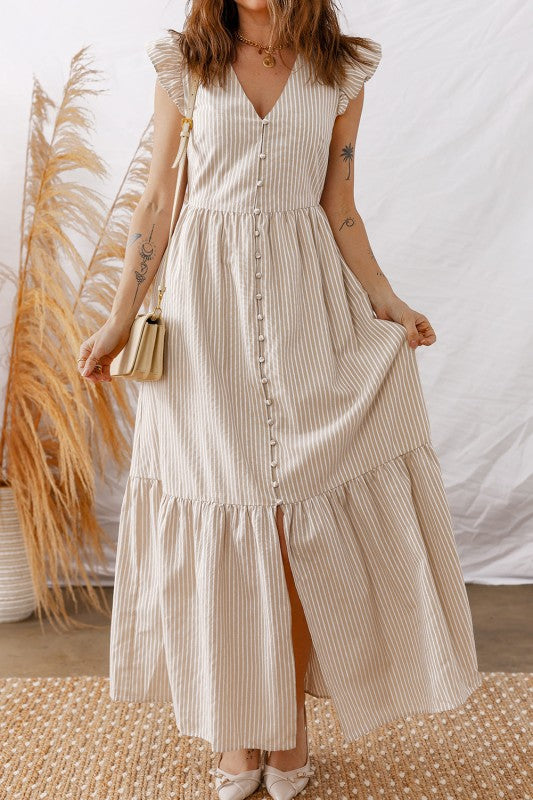 Stripe Flutter Sleeve Buttoned V-Neck Maxi Dress-JUNIPER BLVD-Reef Love