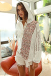 Woman wearing Slub Jersey with Lace Combo Buttoned Hoodie Top-This slub jersey with lace combo buttoned hoodie top blends casual comfort with feminine elegance through its lace detailing and buttoned hoodie design. 