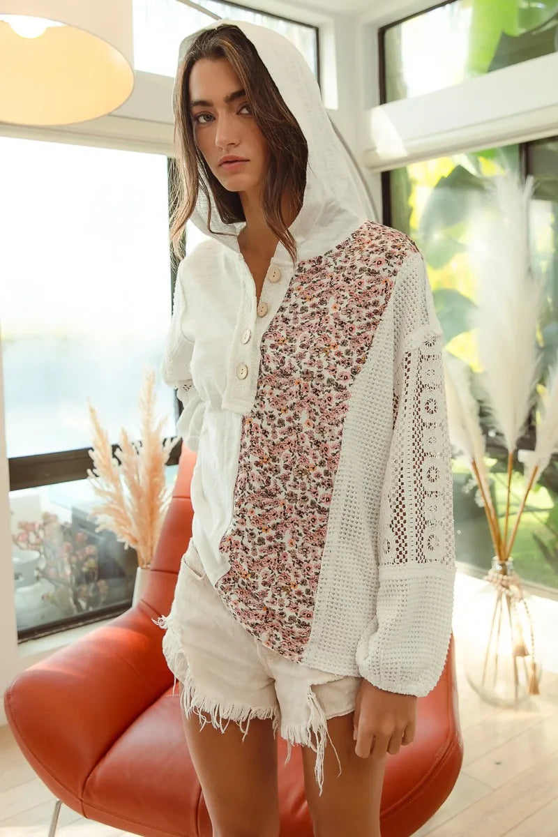 Woman wearing Slub Jersey with Lace Combo Buttoned Hoodie Top-This slub jersey with lace combo buttoned hoodie top blends casual comfort with feminine elegance through its lace detailing and buttoned hoodie design. 