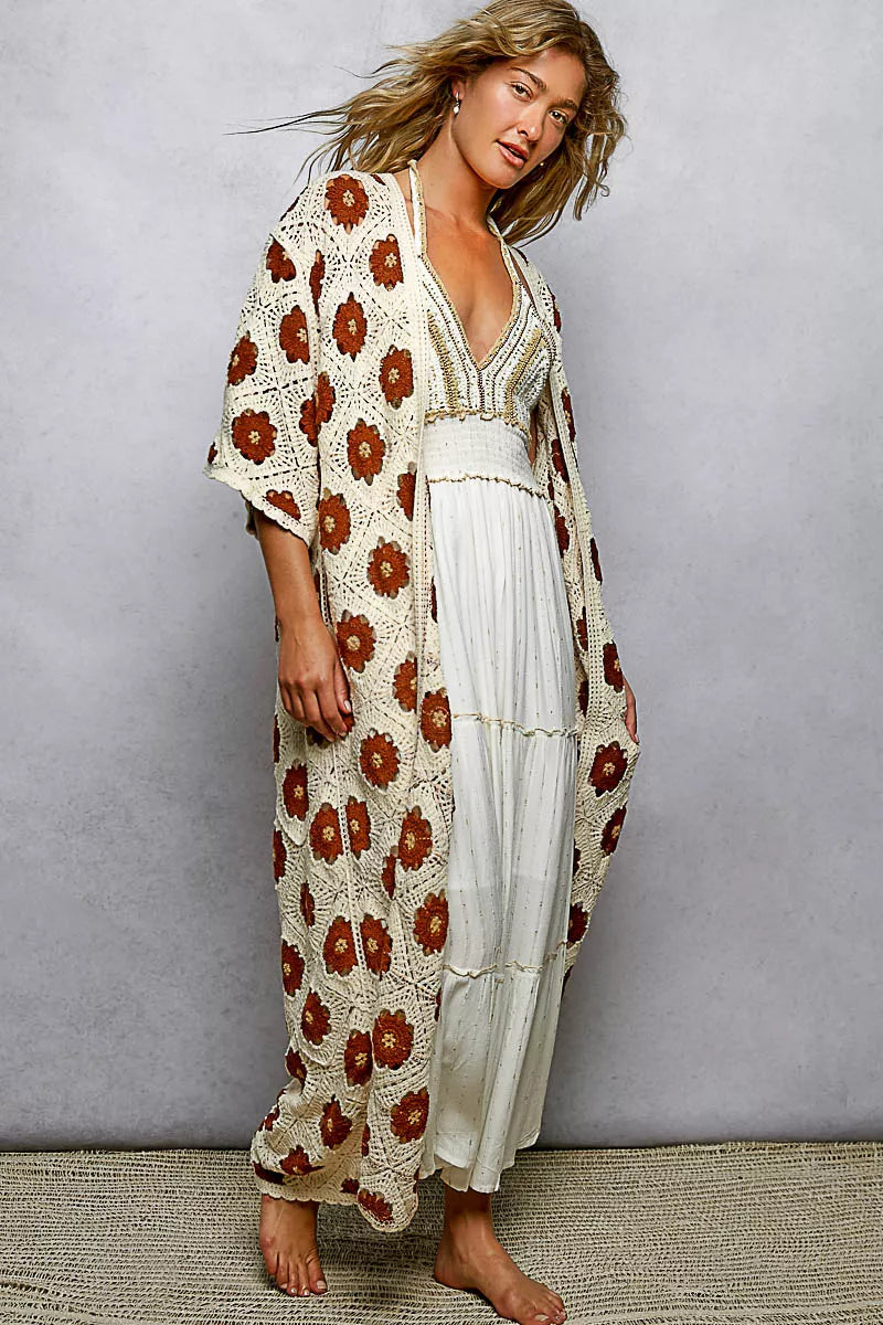 POL Open Front Floral Crochet Longline Cardigan, Chestnut-Crochet Cardigan-Reef Love