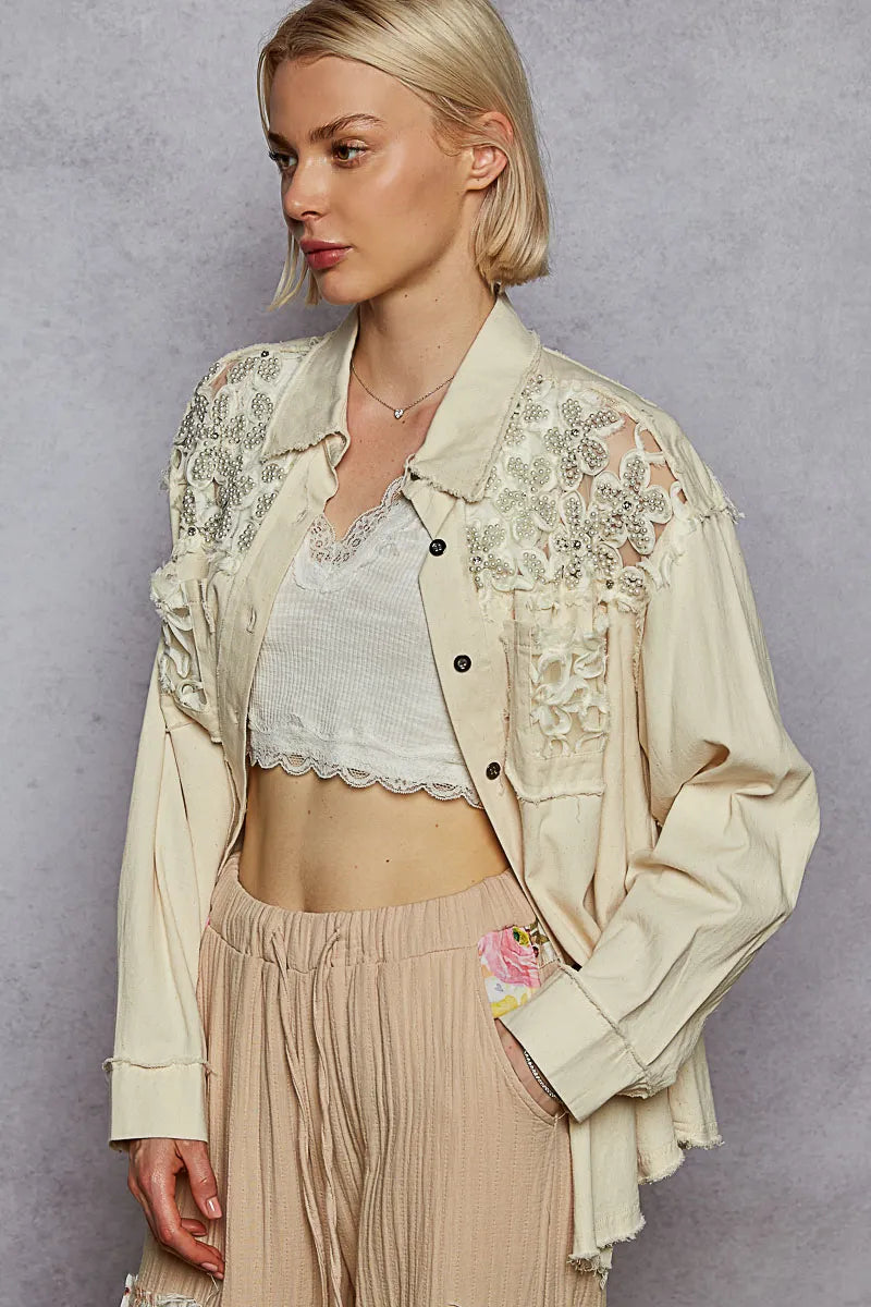 Shop POL Button Down Raw Edg Shirt with Pearl Lace Patch-available at Reef Love online boho-chic boutique