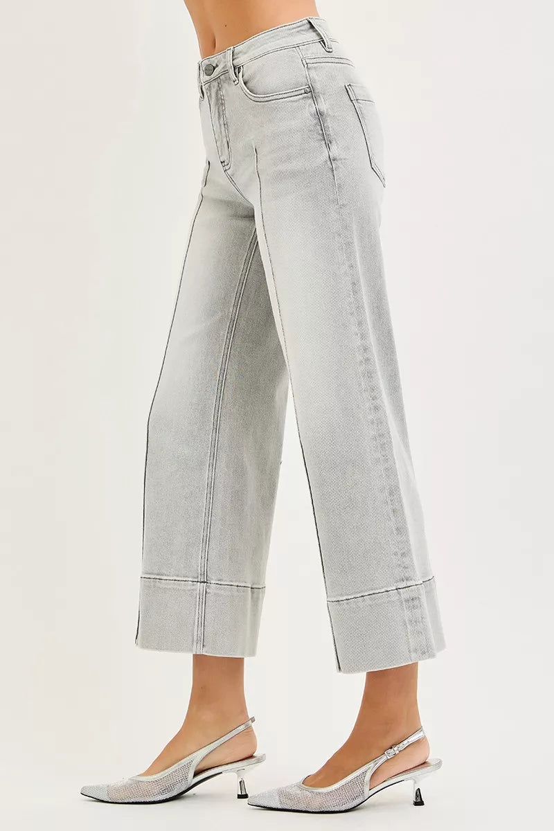 RISEN Tummy Control Mid Rise Crop Wide Pintuck Front Jeans, Grey Wash-RISEN-Reef Love