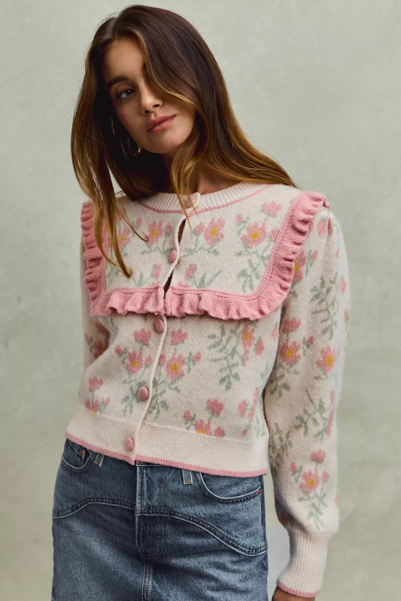 Flower With Ruffle Detailing Sweater Cardigan-So Me-Reef Love