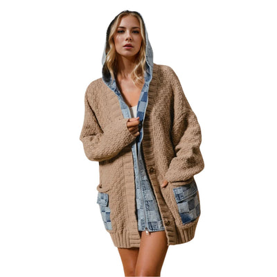 Full Size Hooded Denim Spliced Sweater Cardigan-Reef Love